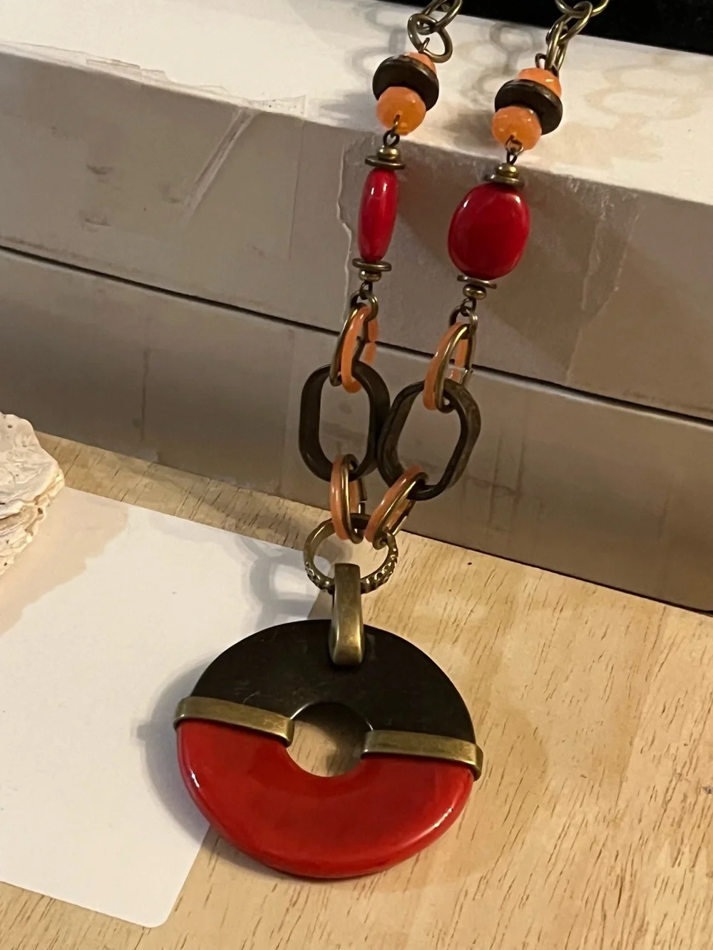 Premier Designs Red and Orange Mixed-Media Pendant Necklace